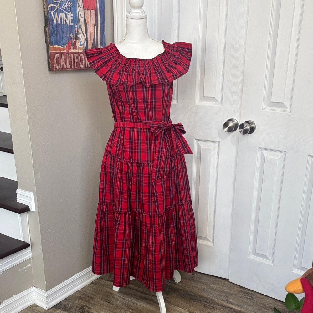 Draper James Red Plaid Midi Dress with Ruffle Neck and Waist Tie